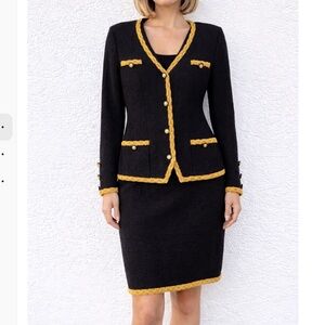 Christian A. Vintage Midi Skirt Blazer Set Knit Black Gold Crochet Trim Small